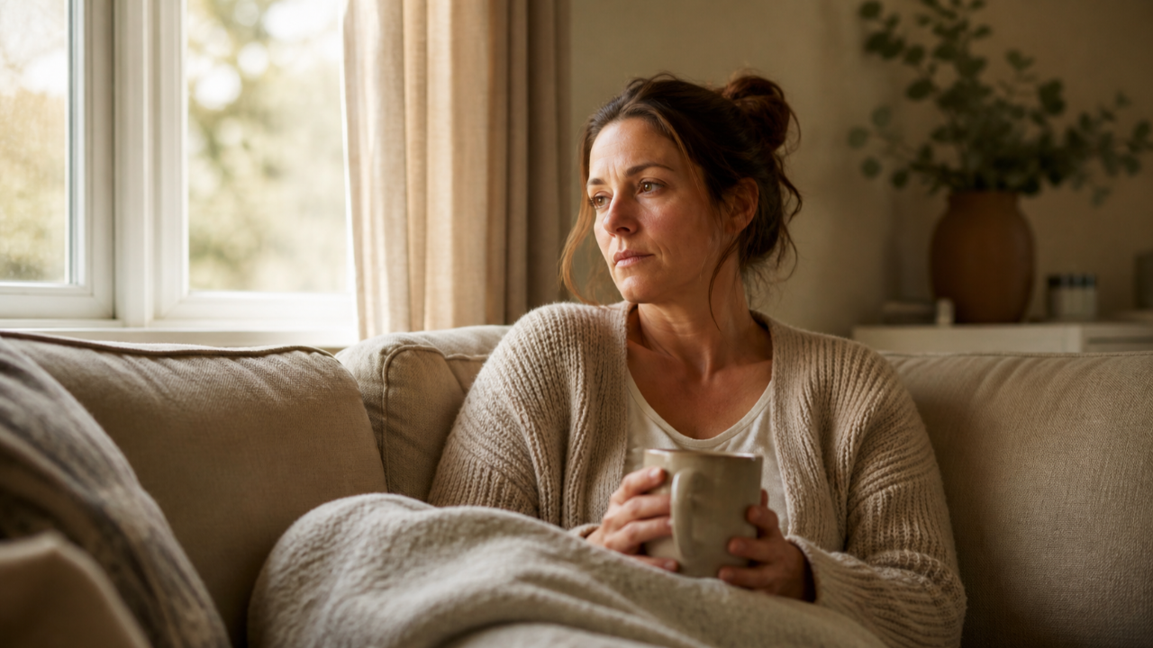 A mother sits quietly reflecting on the many invisible responsibilities she carries.