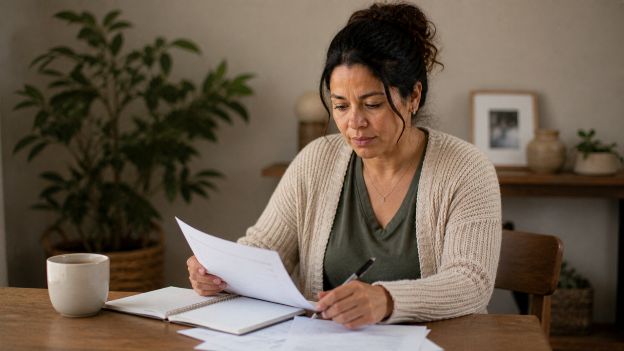 A parent organizes notes and documents in preparation for a school meeting.