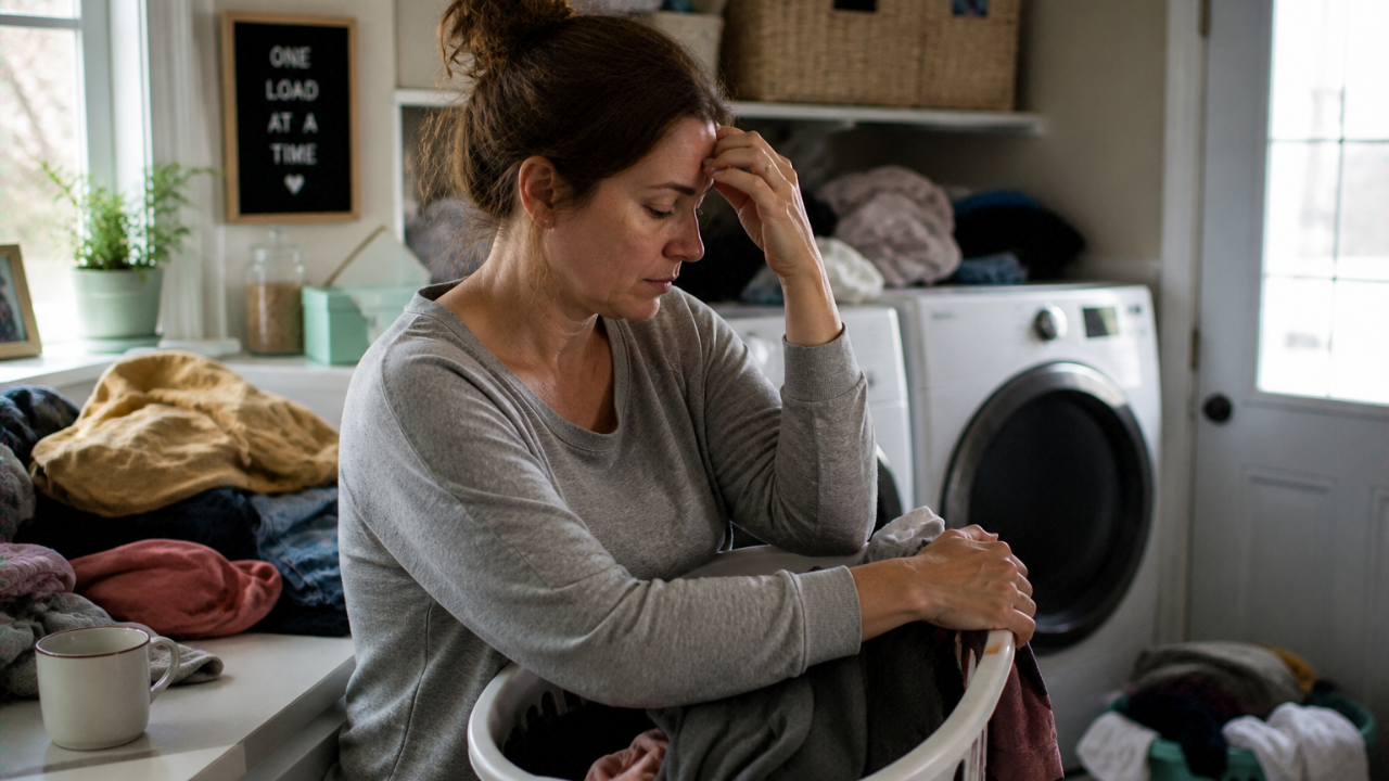 A woman pauses mid-task, reflecting on the mental load she carries.