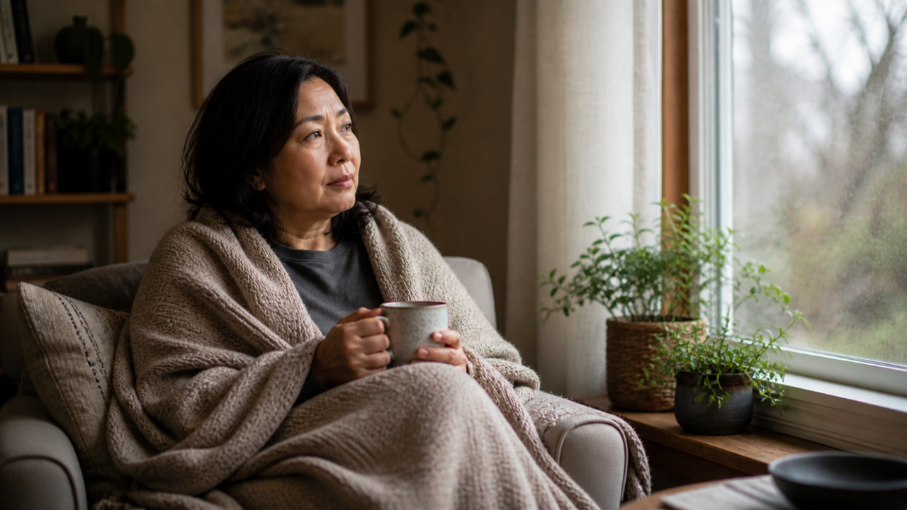 A woman sits in a calm and welcoming space, reflecting a sense of belonging.