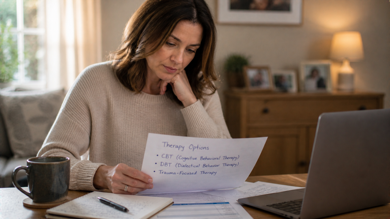 A parent sits thoughtfully reviewing therapy options for a child in a calm and focused moment.