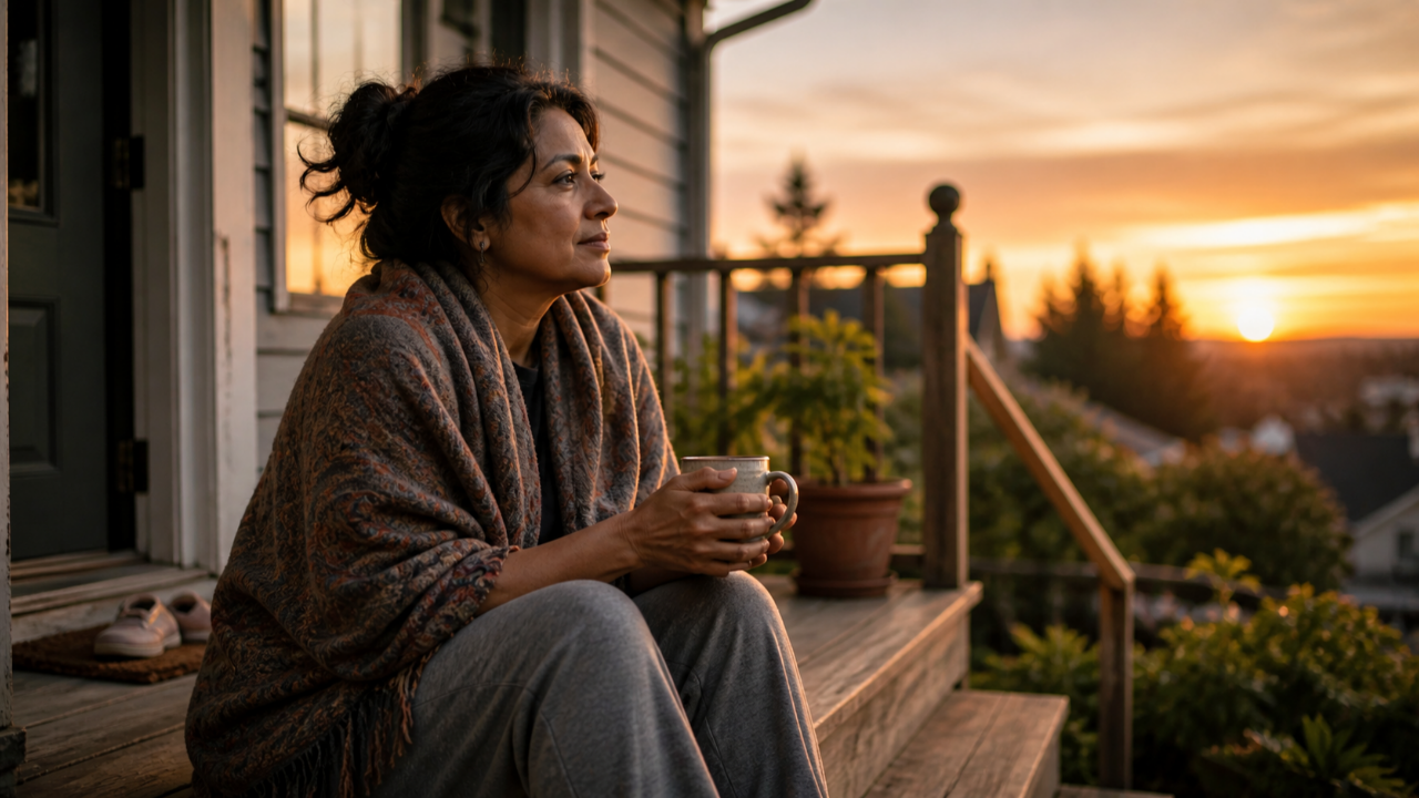 A woman sits reflecting on emotional highs and lows in a calm, honest moment.