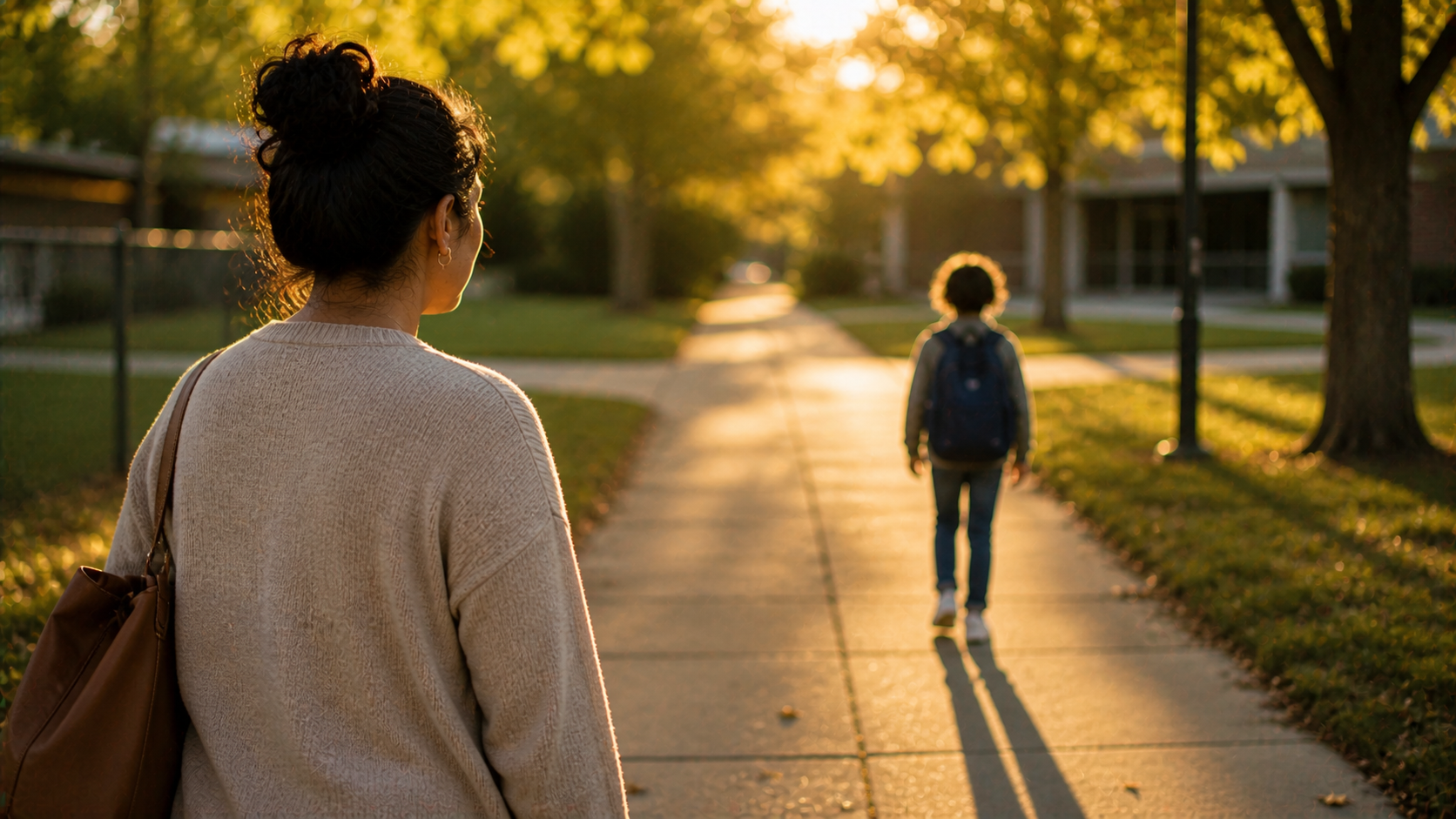 Mother watches child walk to school.