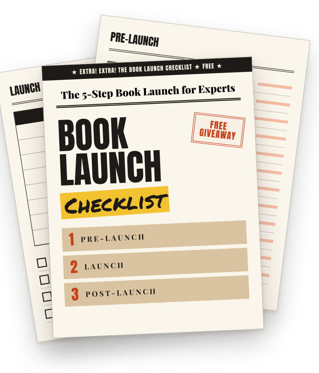 The Book Launch Checklist cover, with inside pages fanned out behind it showing tick boxes and tables.