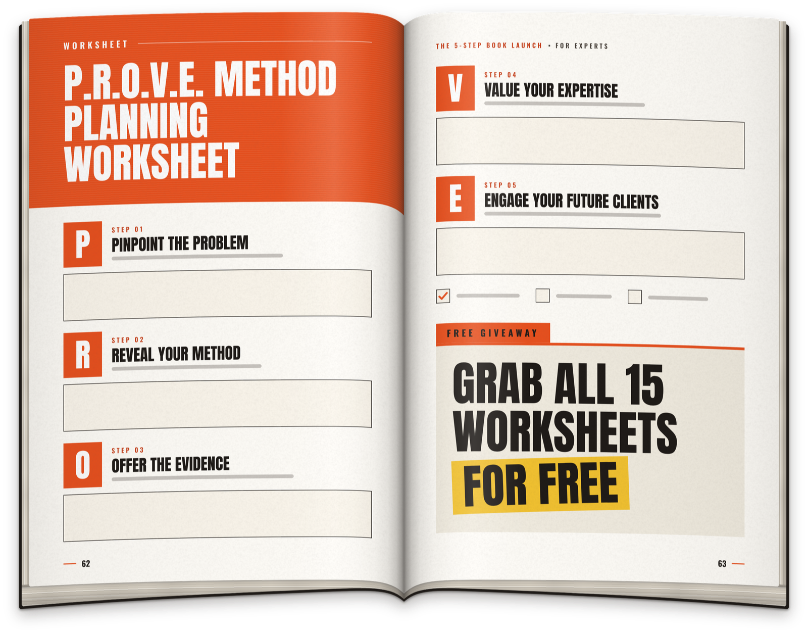 An open book lying flat. Its pages show a worksheet with ruled lines, empty answer boxes and tick boxes, one of them ticked in orange.