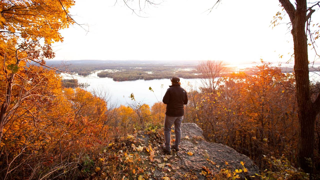 Renee standing on a rock at sunrise overlooking the Mississippi River Valley in fall, marking a new season for Bloom Where You Are planted