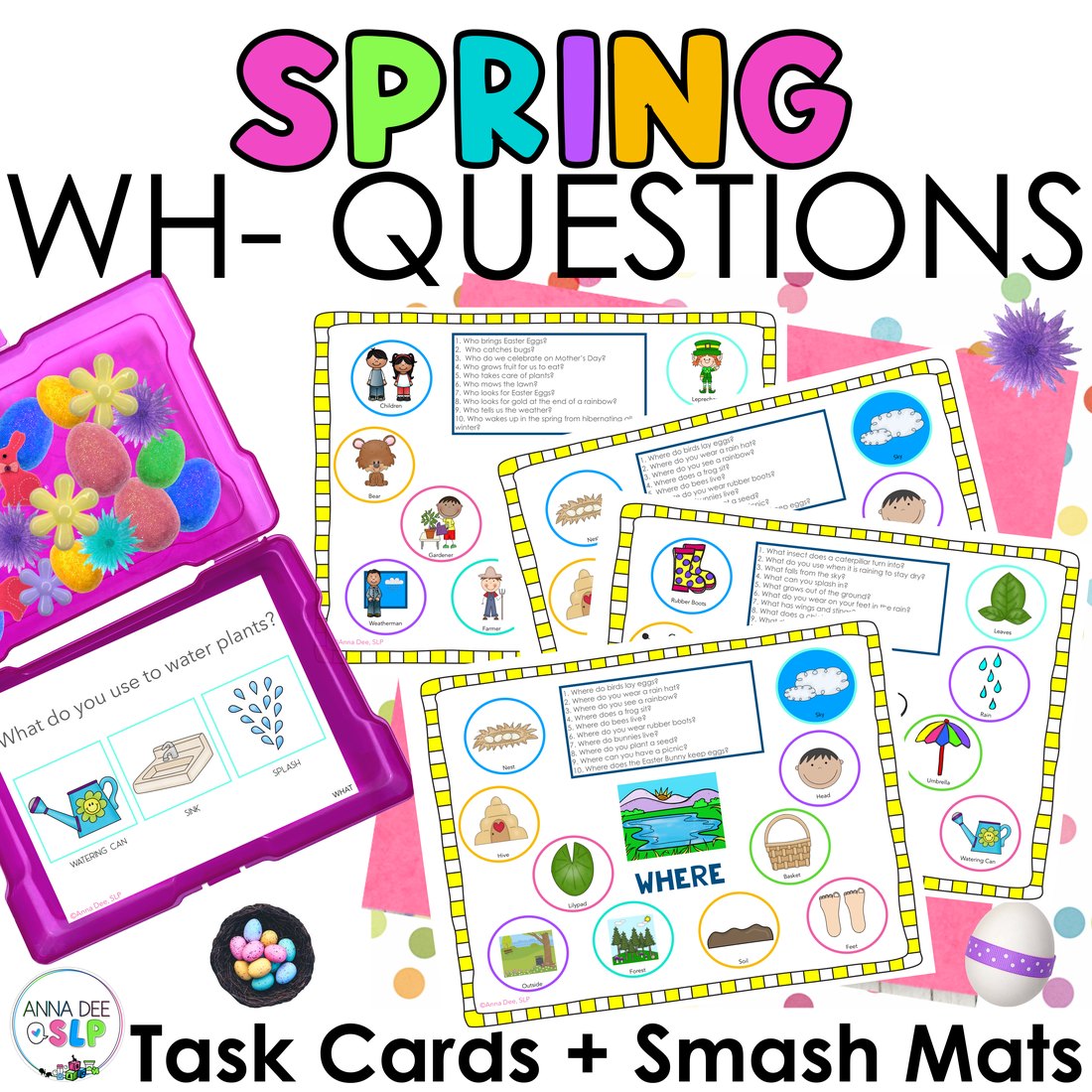 Spring WH Questions and PlayDough Mats for speech therapy