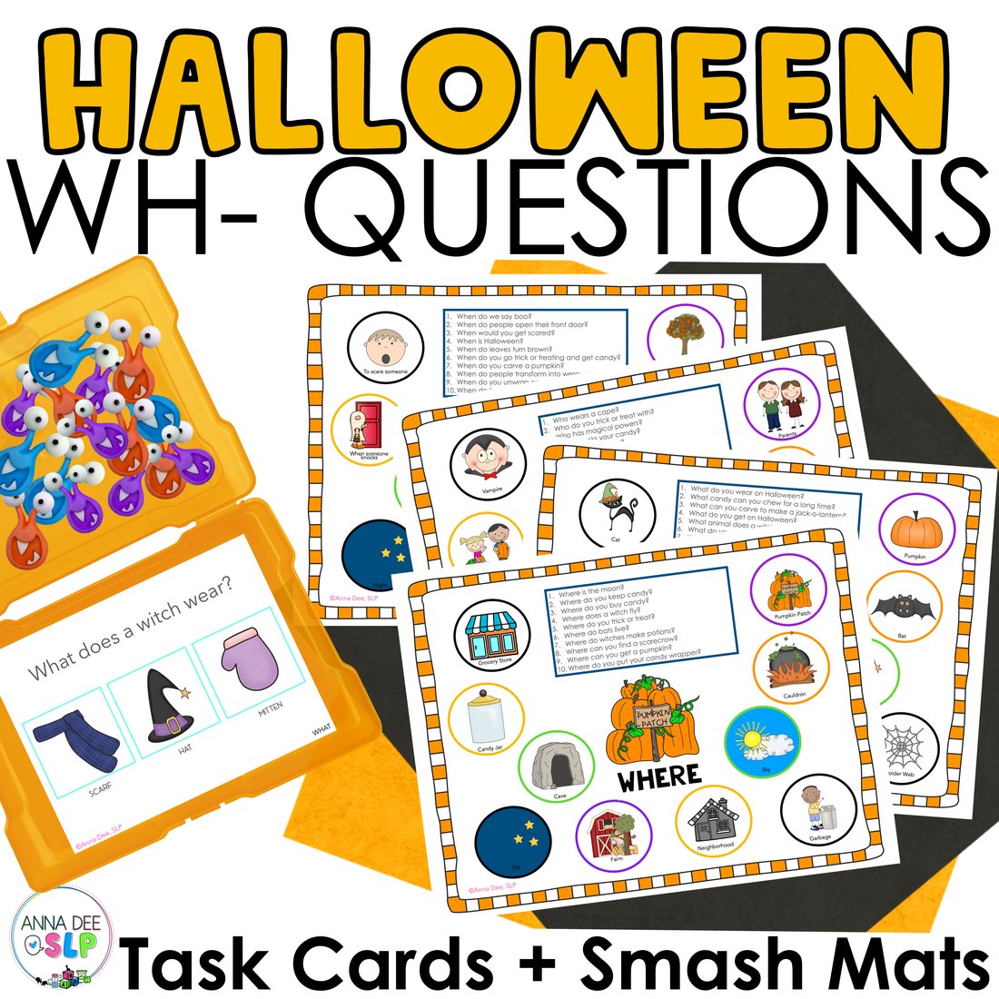 Halloween WH Questions and PlayDough Mats for speech therapy