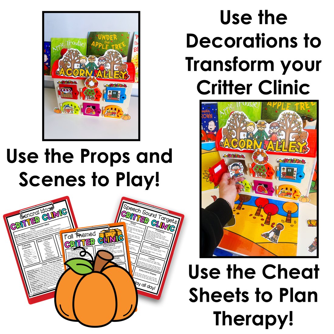 Fall Critter Clinic scenes for play-based speech therapy