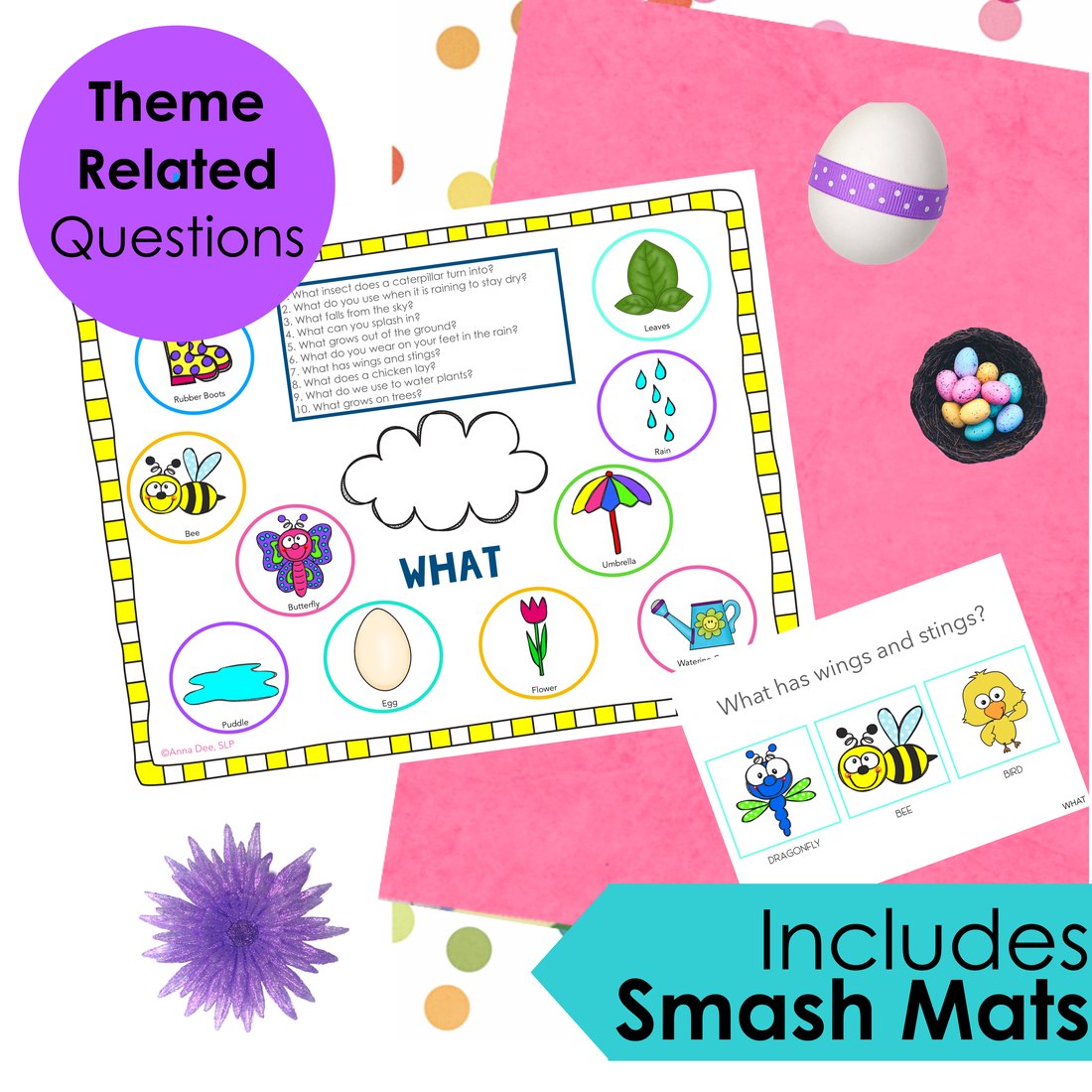 Spring WH Questions and PlayDough Mats for speech therapy – image 2