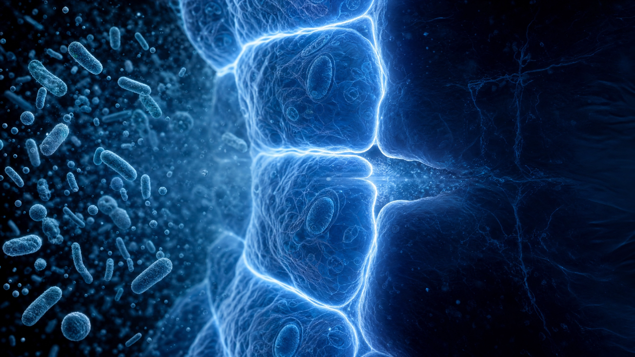 Microscopic illustration of a gut microbiome imbalance test concept showing bacteria approaching intestinal epithelial cells with glowing tight junctions along the gut barrier wall.