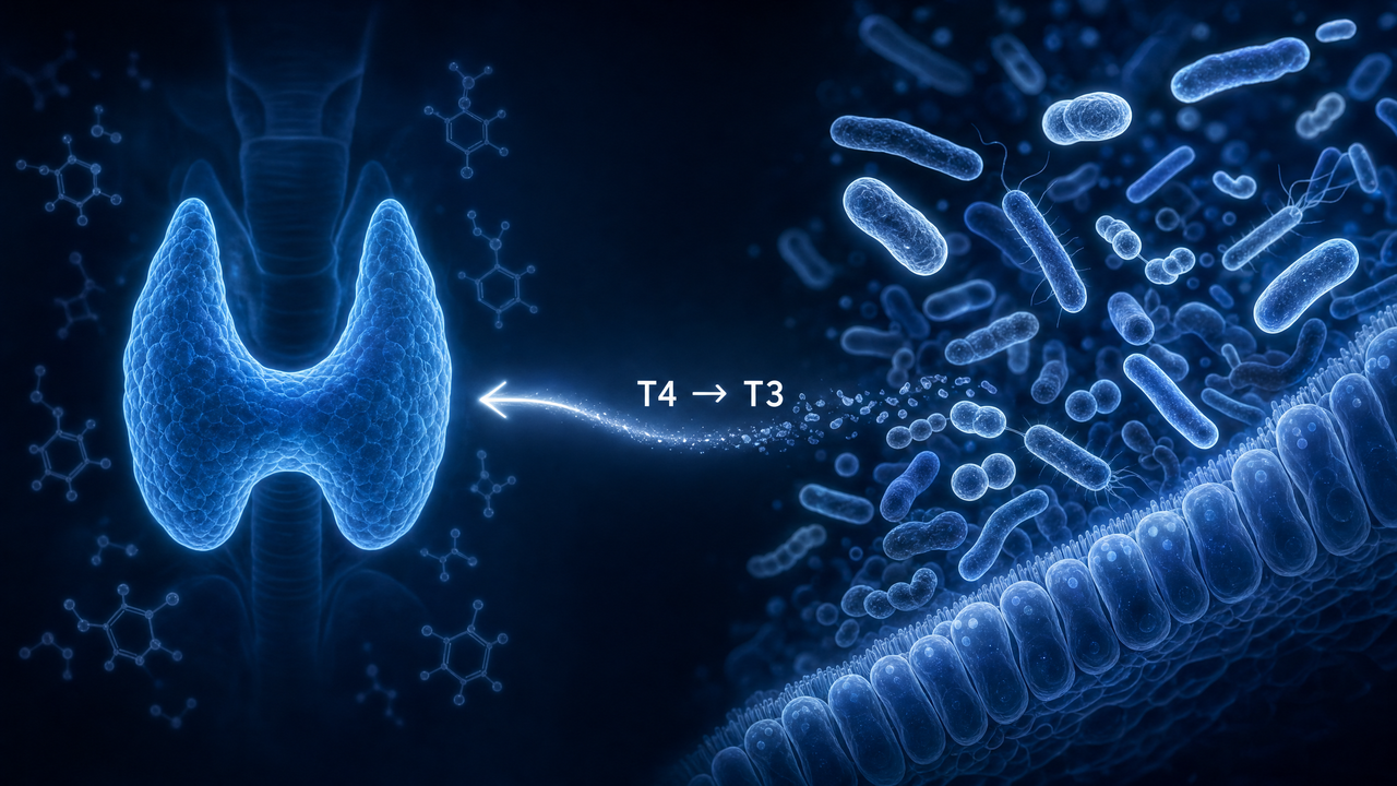 Illustration of the thyroid health and gut connection showing T4 to T3 hormone conversion driven by gut microbiome bacteria.