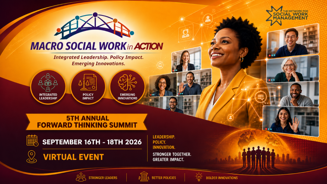 5th Annual Forward Thinking Summit banner by NSWM, September 16-18, 2026. Virtual event highlighting Macro Social Work in Action with a focus on Leadership, Policy, and Innovation.