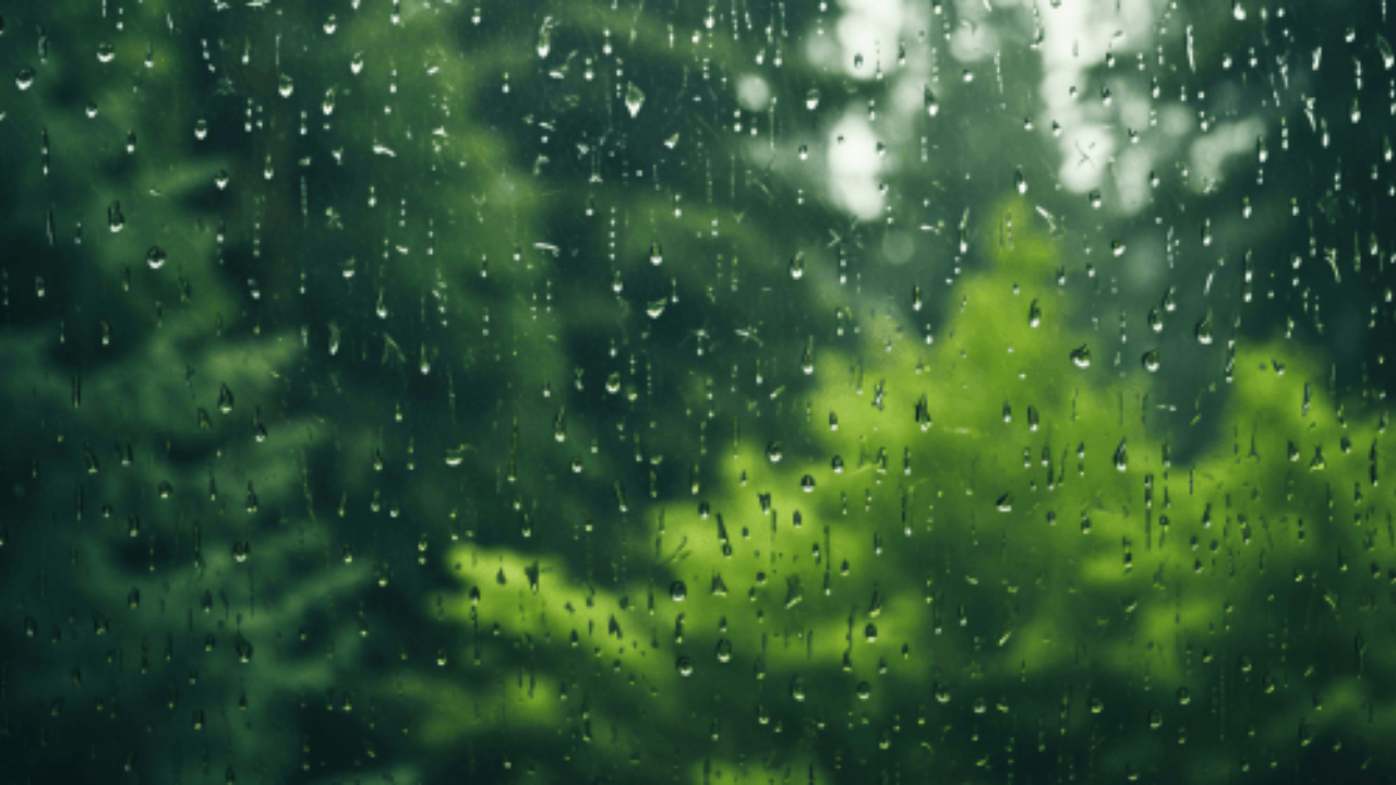 Raindrops merging and forming winding paths down a glass window