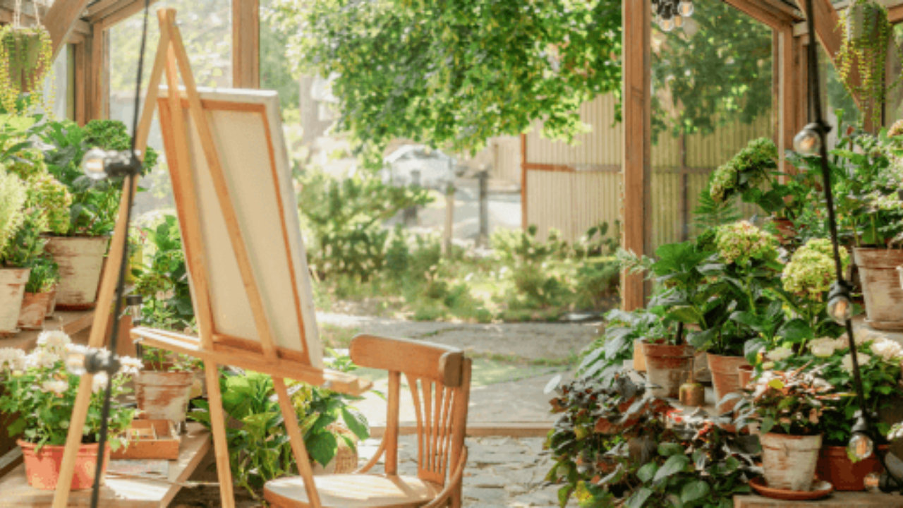 An easel in a verdant garden
