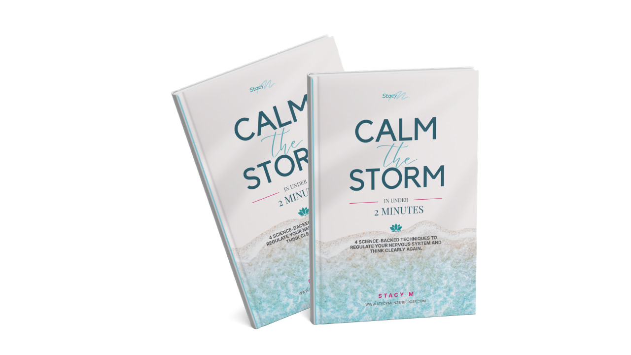 3D mockup of the "Calm the Storm in Under 2 Minutes" guide by Stacy Munzenberger, featuring a minimalist teal and white cover with flowing line artwork and the subtitle "4 simple, science-backed techniques to regulate your nervous system and think clearly again."