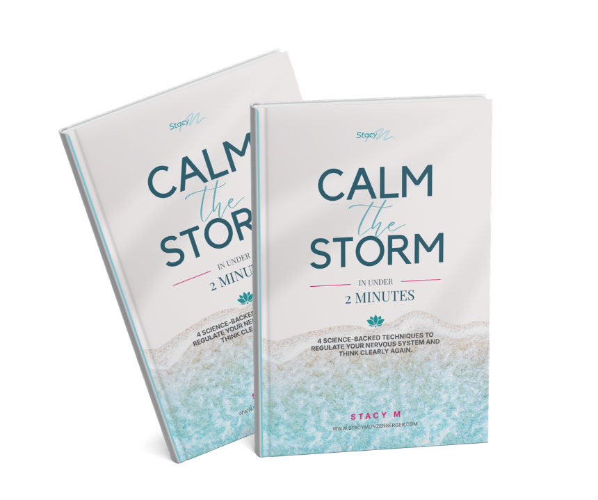 3D mockup of the "Calm the Storm in Under 2 Minutes" guide by Stacy Munzenberger, featuring a minimalist teal and white cover with flowing line artwork and the subtitle "4 simple, science-backed techniques to regulate your nervous system and think clearly again."