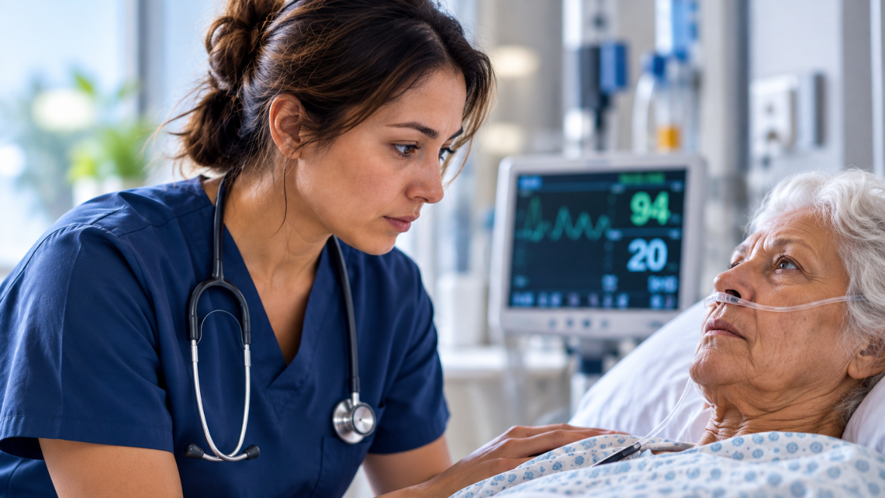 Nurse assessing an older adult for early signs of respiratory deterioration during respiratory illness