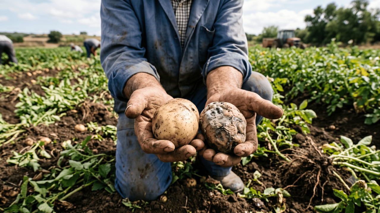 Manos de un agricultor en un campo de cultivo sosteniendo dos patatas, una sana y otra estropeada, simbolizando la dualidad de la cosecha de Lammas. Silvana Ocas, Escuela Alma.