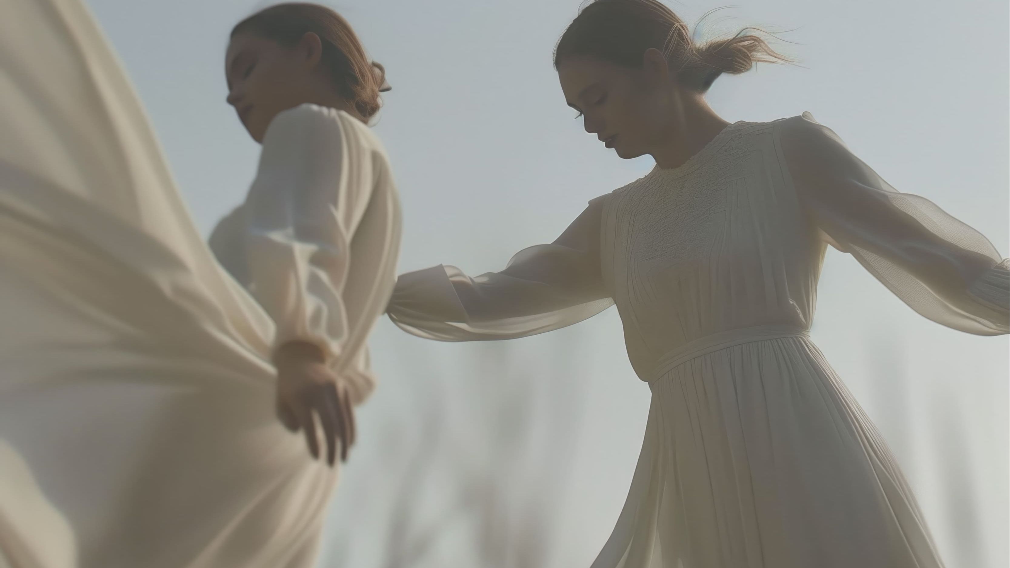 Dos mujeres con vestidos blancos largos y fluidos moviéndose al viento en la naturaleza bajo un cielo brumoso, representando la libertad del alma, el respeto por el proceso ajeno y el amor incondicional libre de ataduras.
