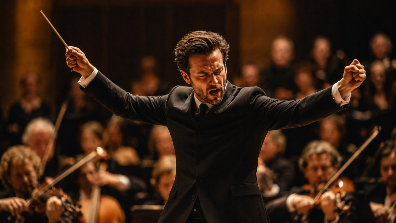 Dirigent bei einem kraftvollen Fortissimo-Abschlag vor einem Orchester