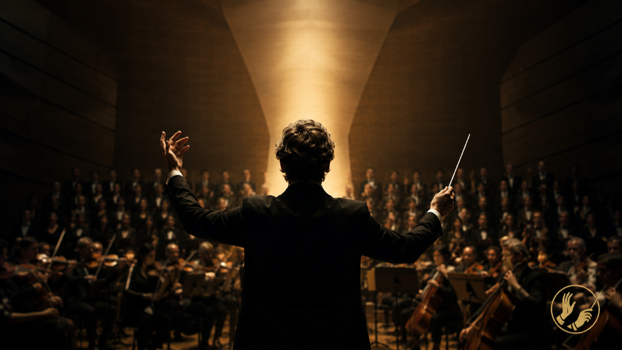 Dirigent von hinten vor Chor und Orchester, umgeben von goldenem Licht und schwebenden Noten als Symbol für den unsichtbaren Flaschenhals vieler Dirigenten.