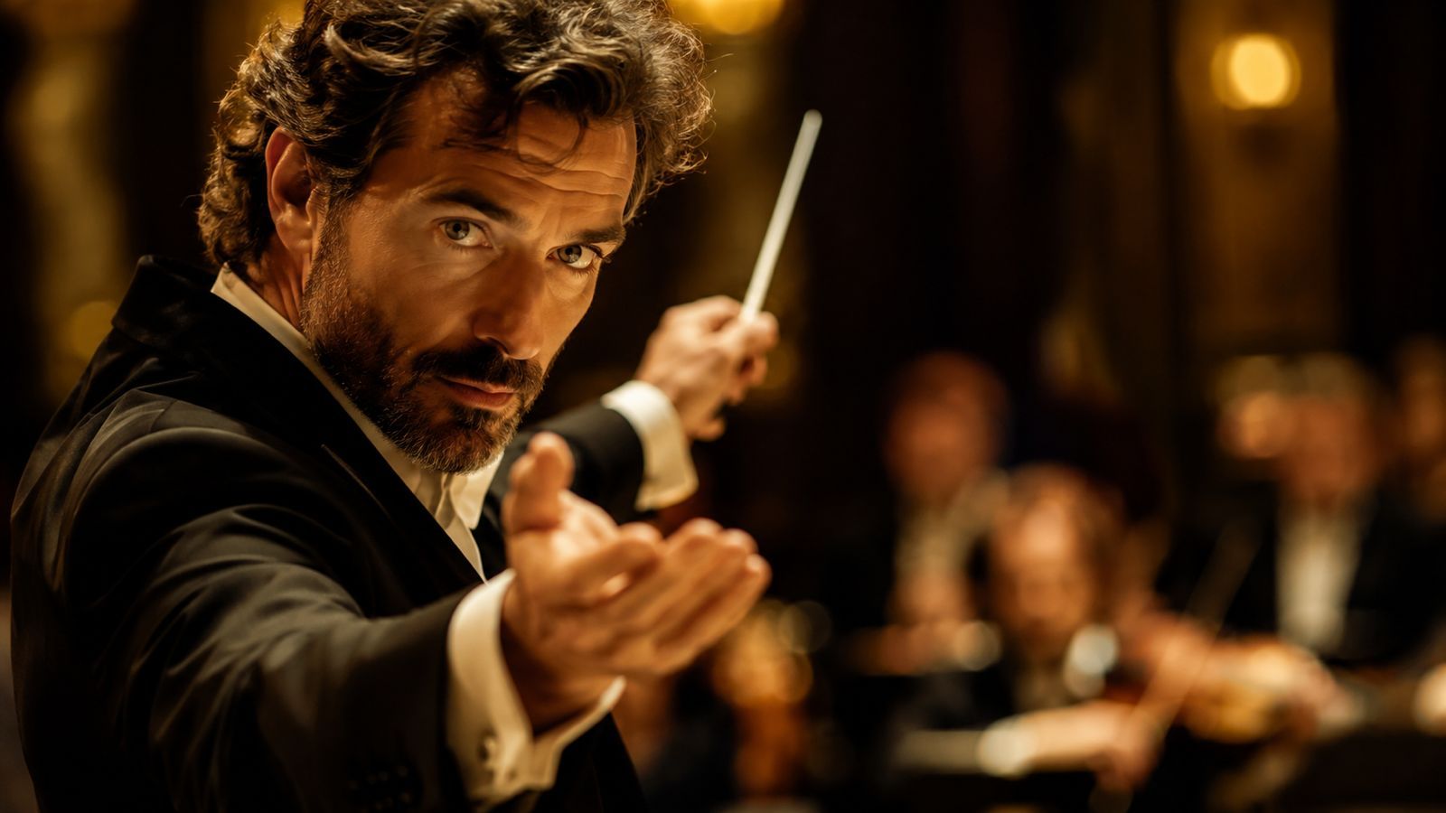 Dirigent mit konzentriertem Blick führt ein Orchester mit Blickkontakt und Dirigierstab