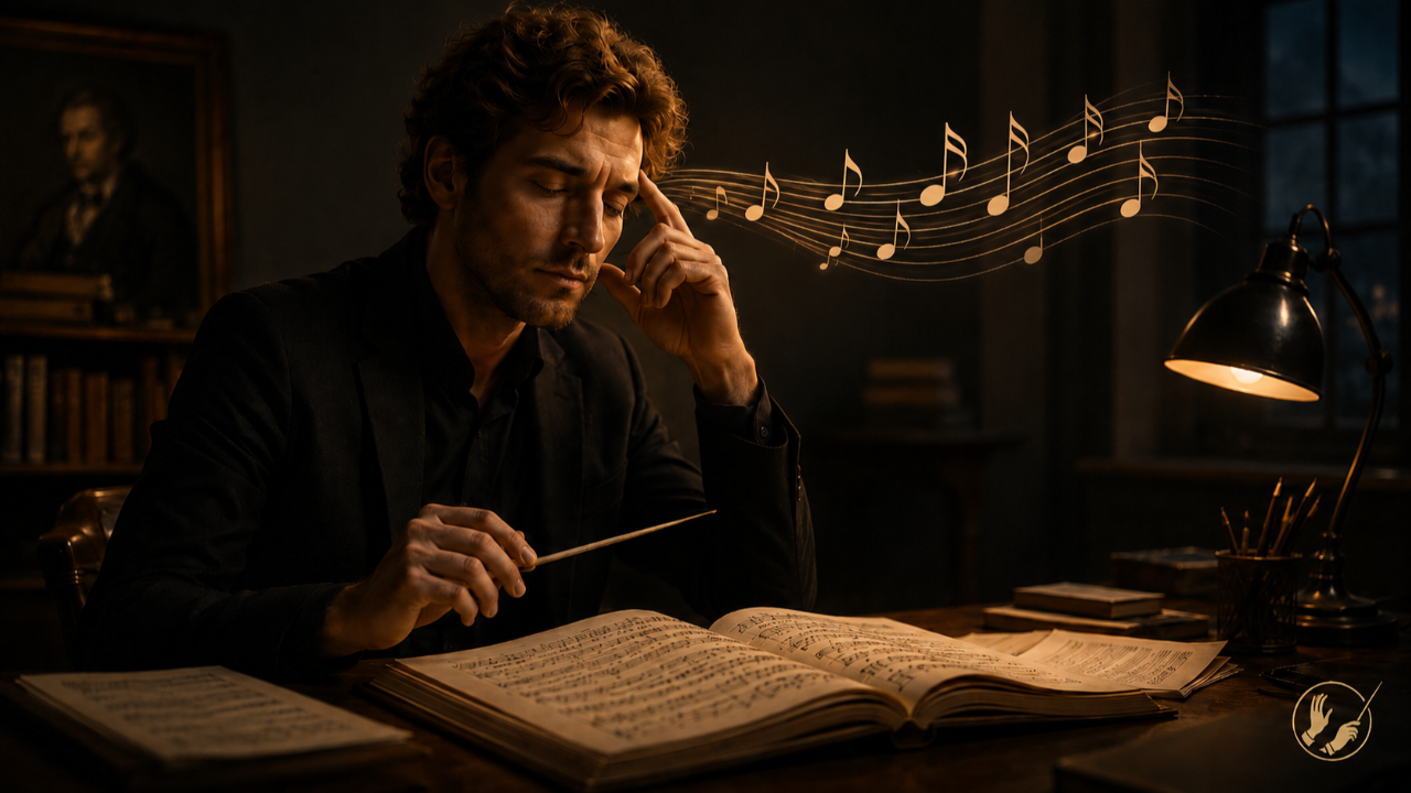 Innere Klangvorstellung beim Dirigieren: Dirigent studiert Partitur und hört Musik innerlich