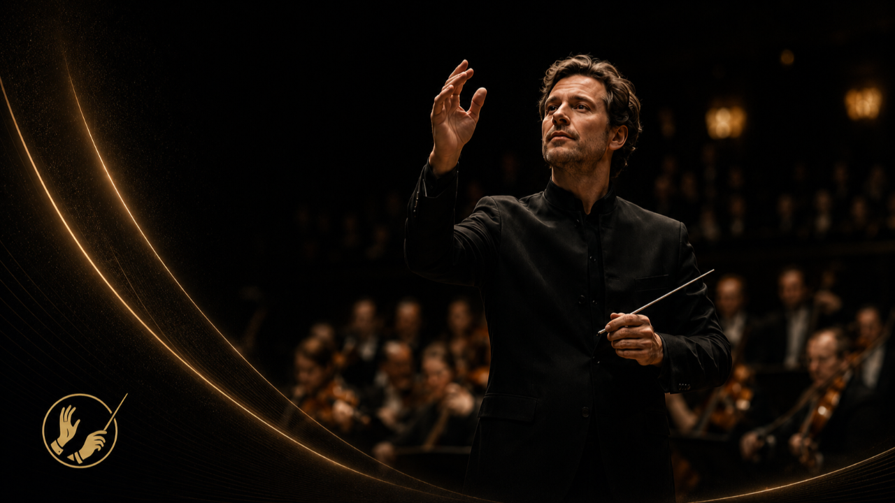 Dirigent zeigt eine klare Auftaktbewegung vor dem Orchester