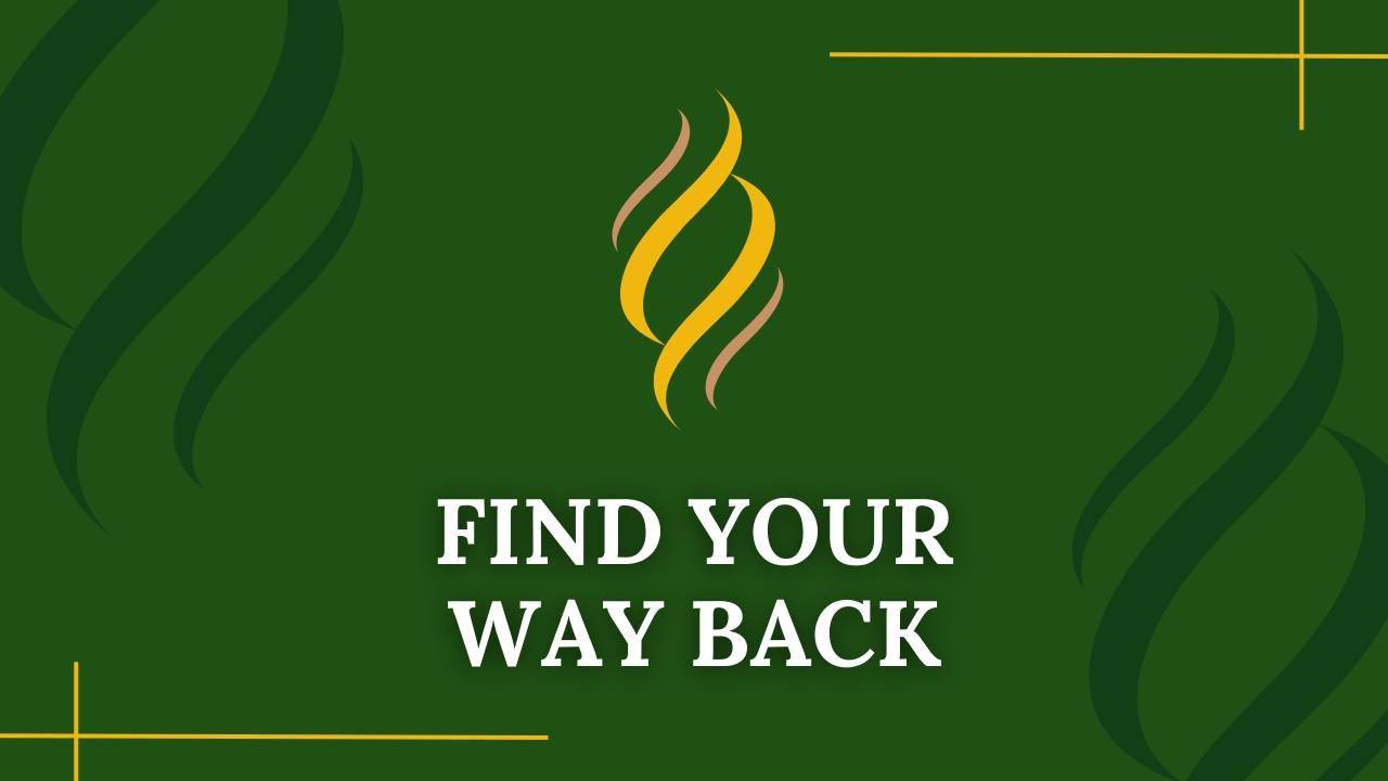 Find Your Way Back text in white on a dark green background with Yellow borders and a yellow stylised flame sitting above the text - Irish Pagan School Find Your Way Back 8 week programme