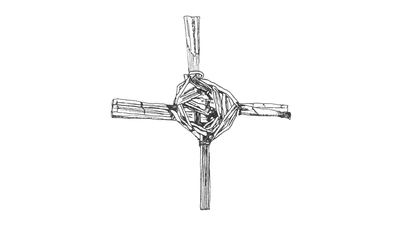 A line drawing of a Hallow E'en cross from County Mayo, two crossed sticks with straw woven round the centre where they meet, from Kevin Danaher's The Year in Ireland, provided by the Irish Pagan School