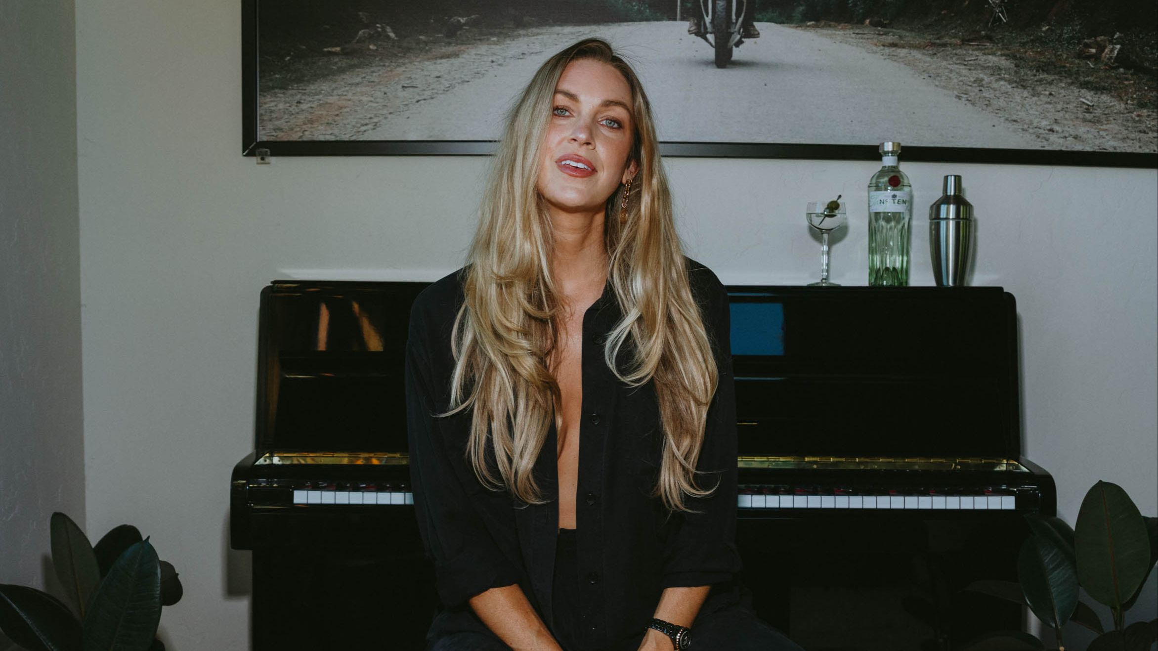 Fin in front of the piano