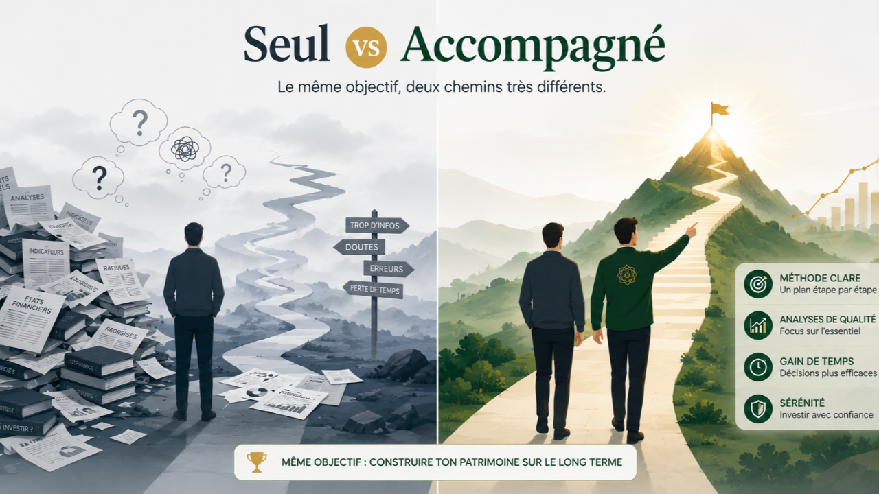 Investir en bourse seul ou accompagné : un investisseur seul face à trop d'informations, et un investisseur guidé sur un chemin clair vers ses objectifs de patrimoine