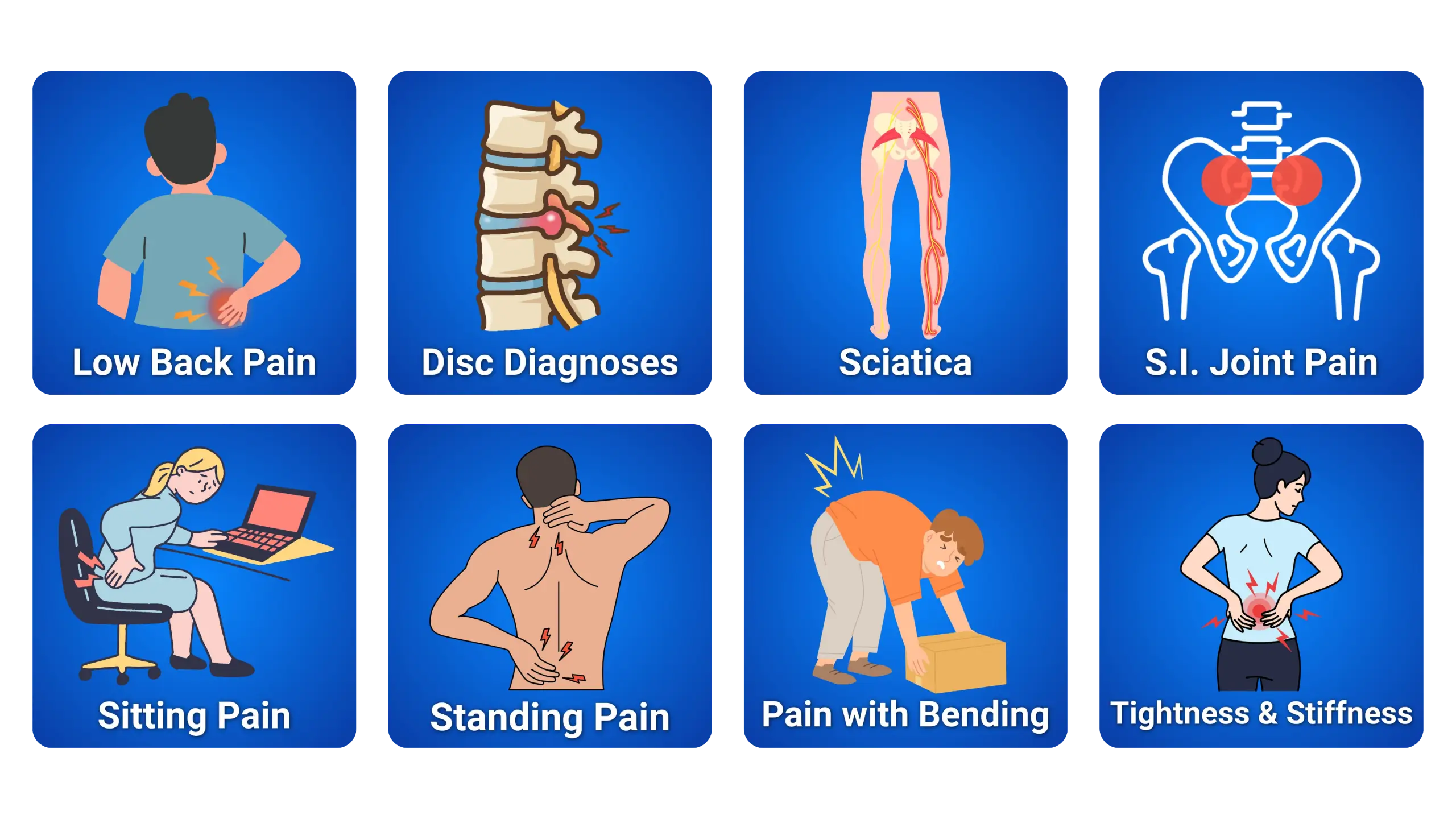 Symptom grid: low back pain, disc diagnoses, sciatica, SI joint pain, sitting pain, standing pain, pain with bending, tightness & stiffness