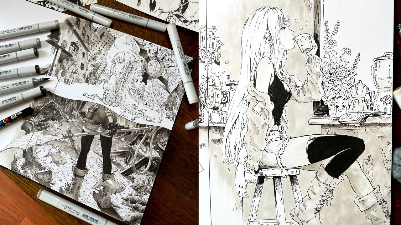 Dessins à l’encre et aux feutres sur une table de travail