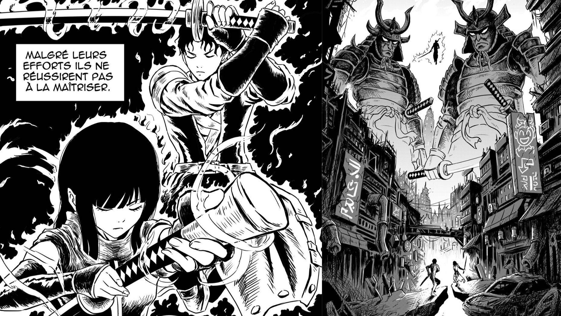 Page de manga encrée en noir et blanc : une jeune femme au premier plan, des guerriers casqués derrière elle et une silhouette qui court dans une rue sombre.
