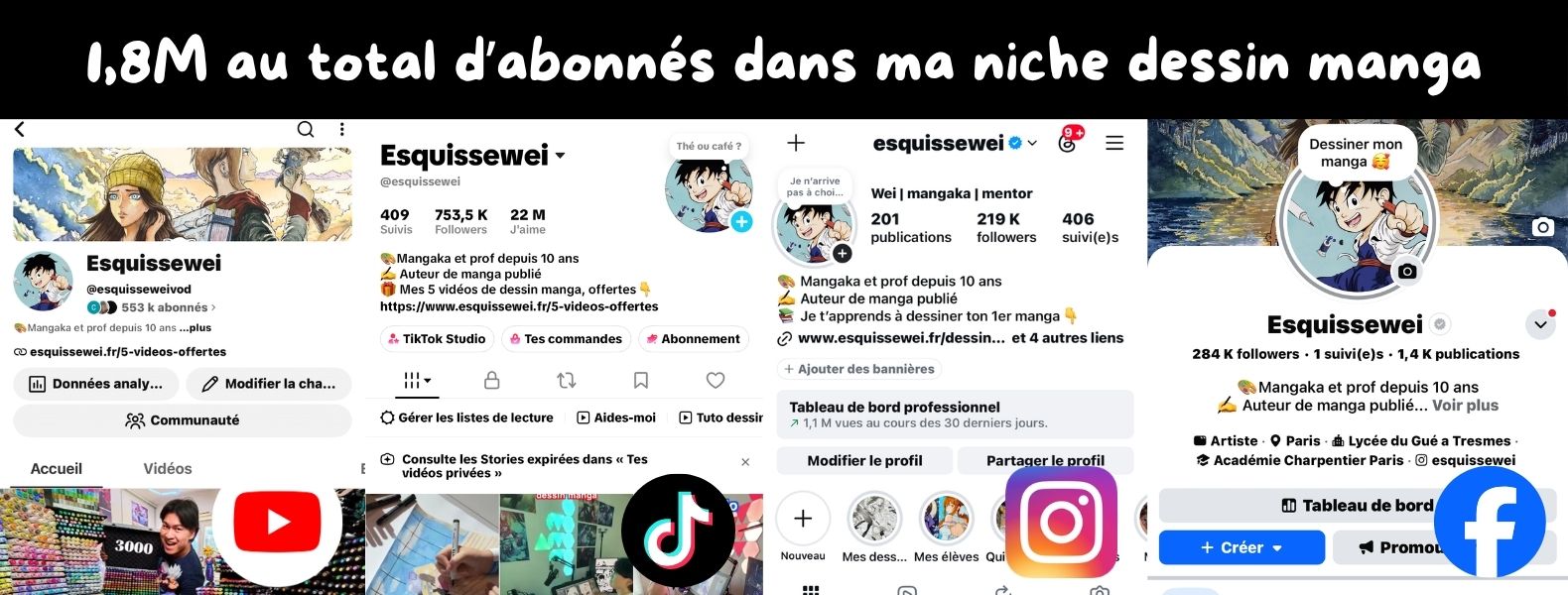 1,8 million d’abonnés au total sur mes 4 réseaux : YouTube, TikTok, Instagram, Facebook