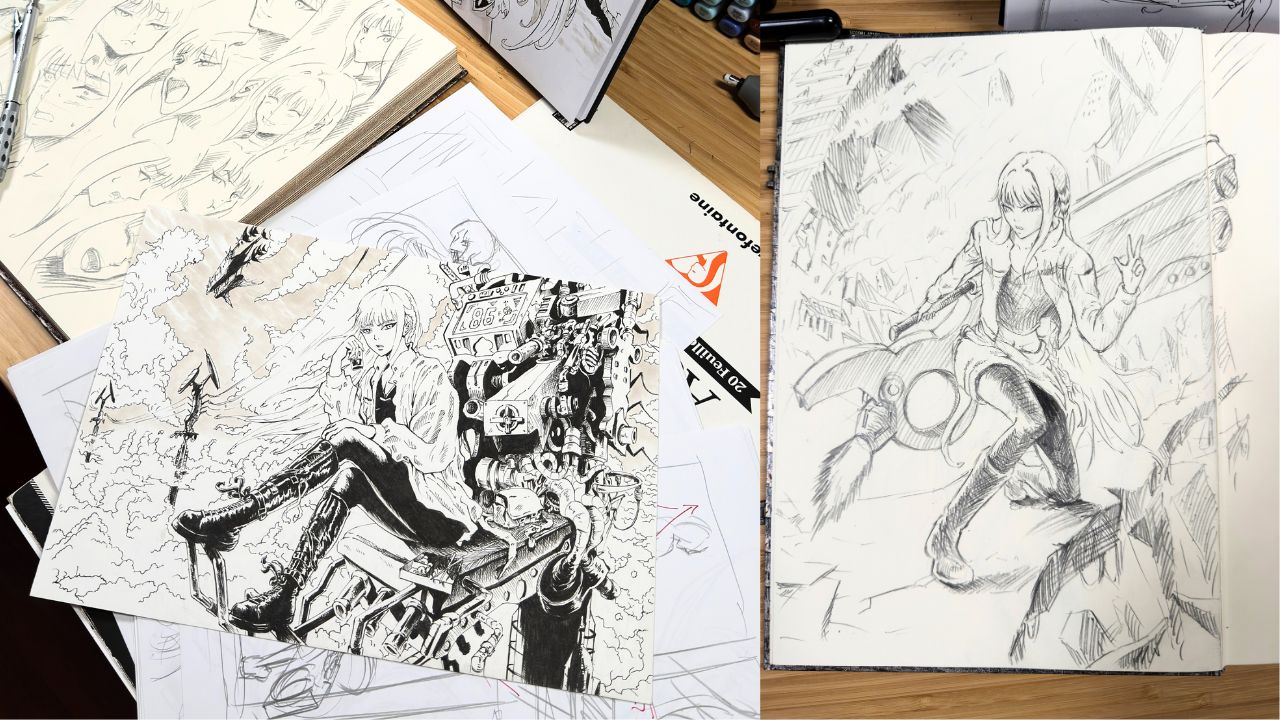 Dessins en cours d’encrage et crayonnés sur un plan de travail