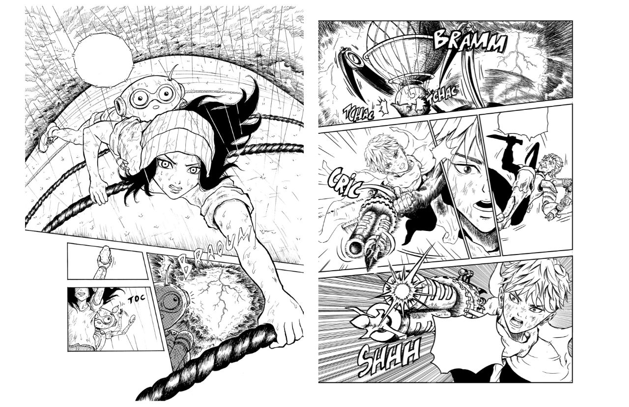 Double page de manga de Wei : combat dynamique en noir et blanc