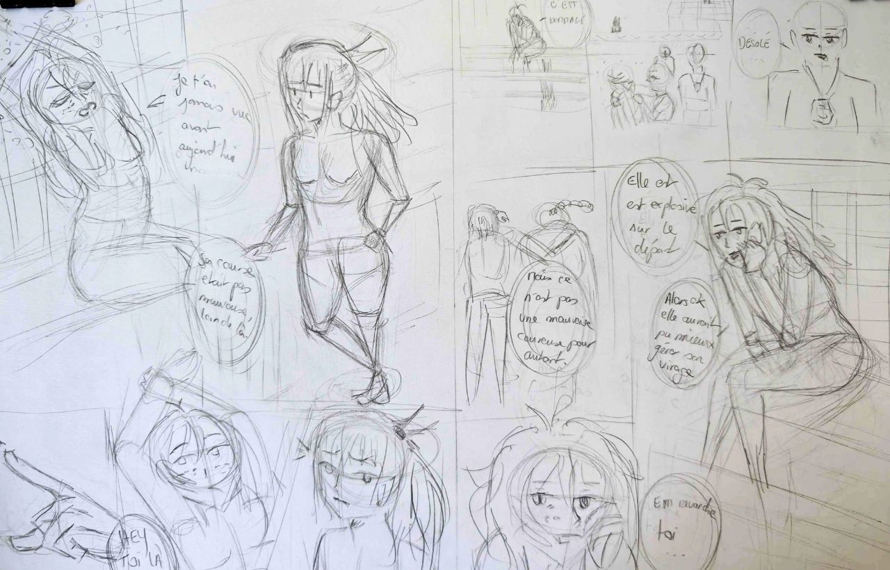 Storyboard au crayon d’un membre : double page avec dialogues