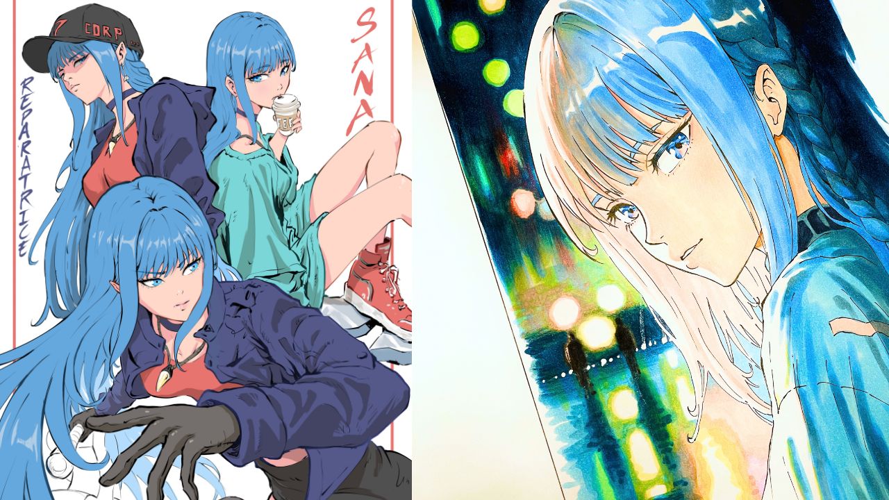 Illustration en couleur : trois personnages aux cheveux bleus et un portrait aux lumières de néon