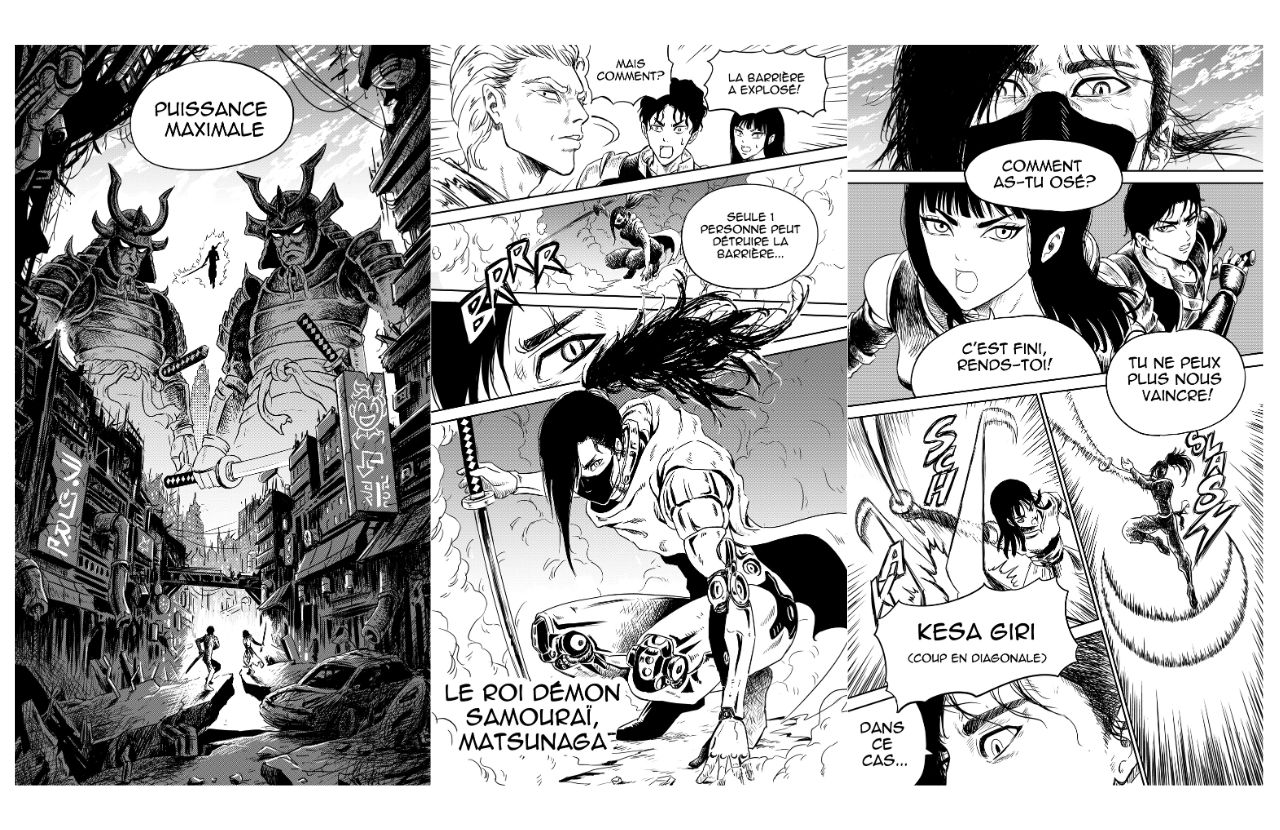 Double page de manga de Wei : le roi démon samouraï, personnages et dialogues en noir et blanc