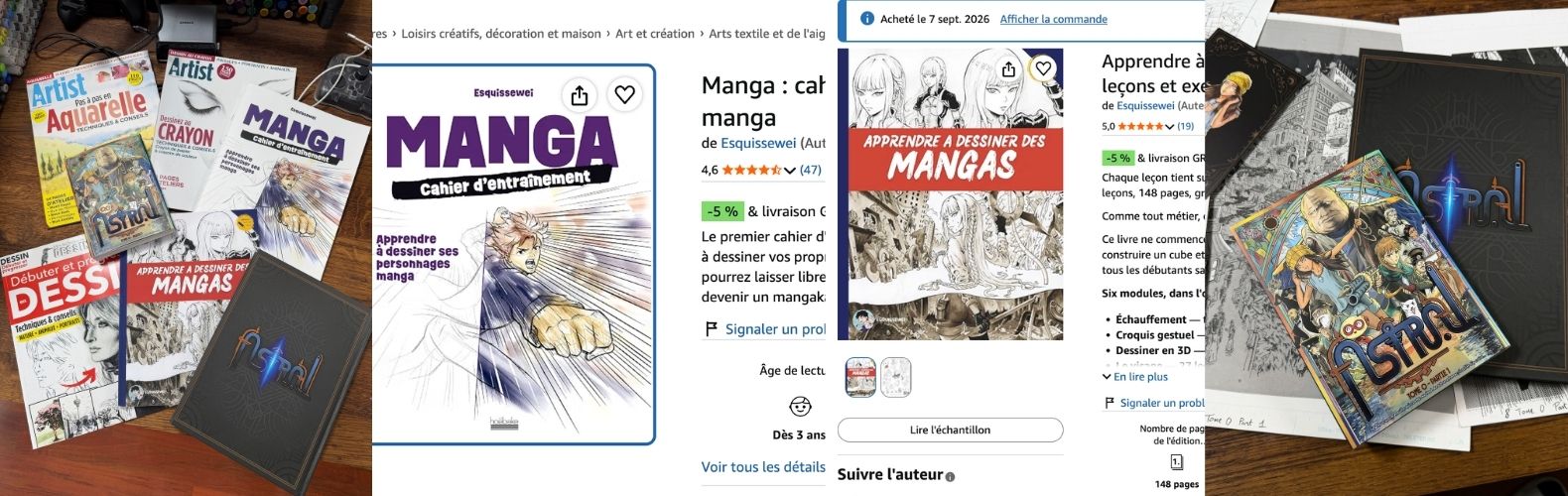 Plusieurs livres publiés par Wei : cahiers d’entraînement manga et son manga Astral