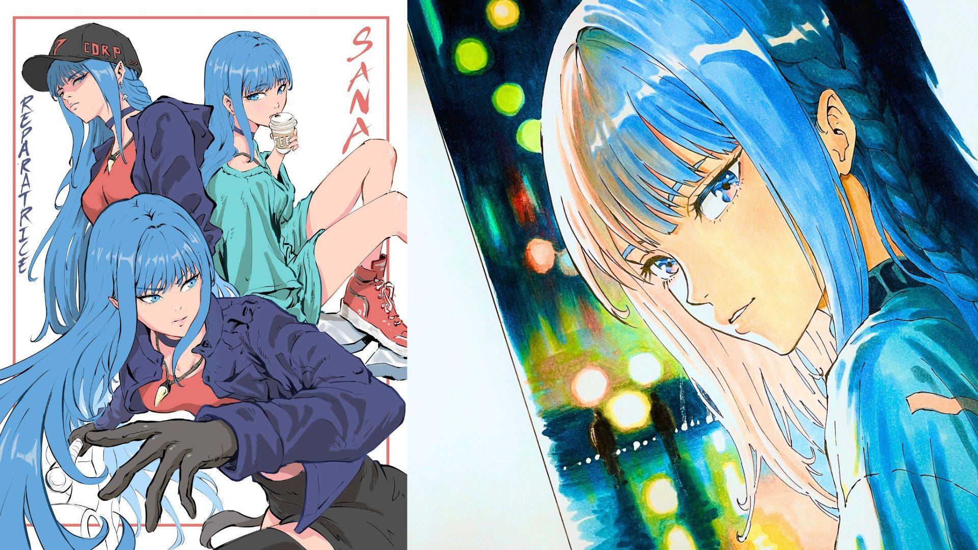 Character design en couleur : une héroïne aux longs cheveux bleus dans trois poses, et son portrait en gros plan devant des lumières de ville.