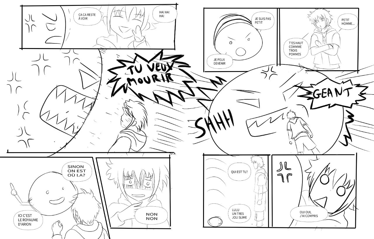 Storyboard d’un membre : double page avec effets sonores et expressions