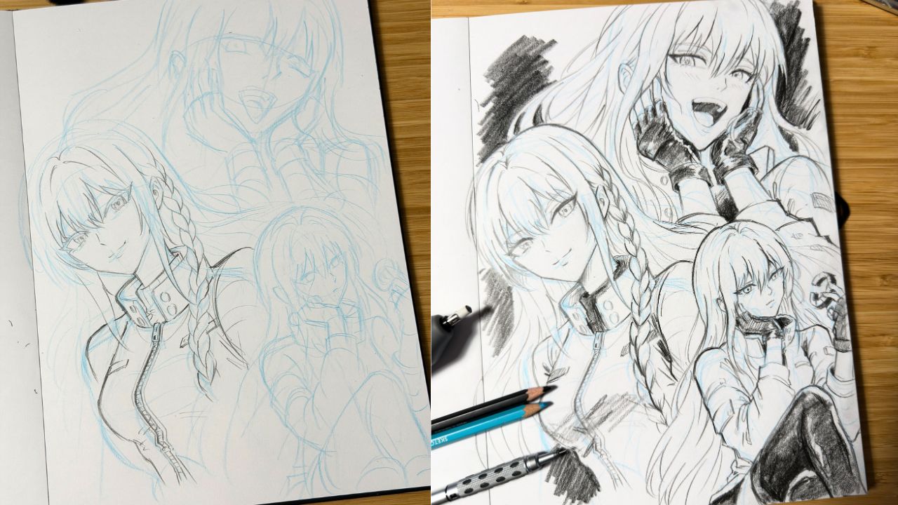 Étapes de dessin : du crayonné bleu à l’encrage de portraits de personnages