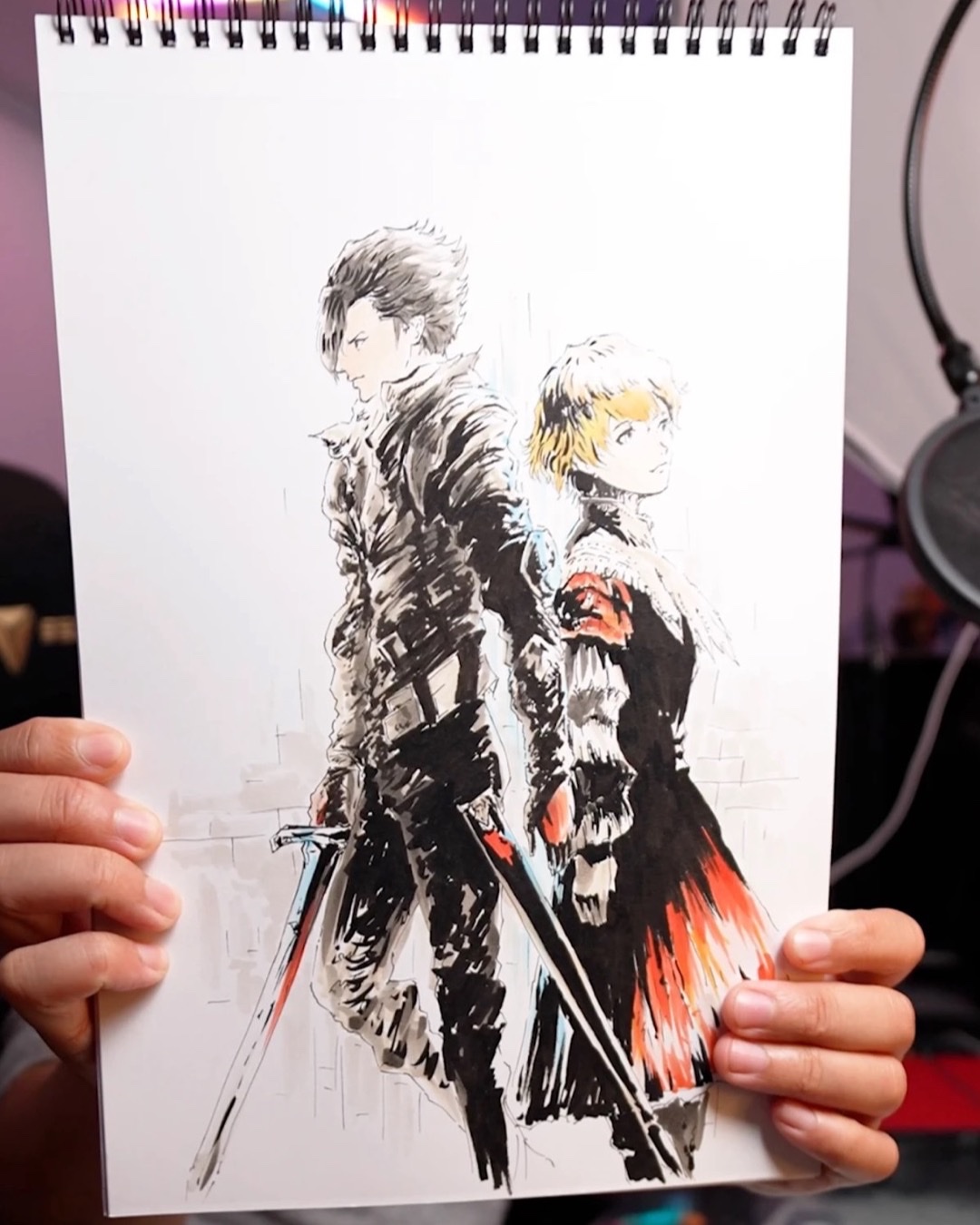 Deux personnages dos à dos, épées à la main, encrage et marqueurs