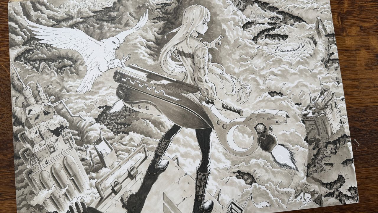 Grande illustration à l’encre : un personnage entouré de créatures et d’oiseaux