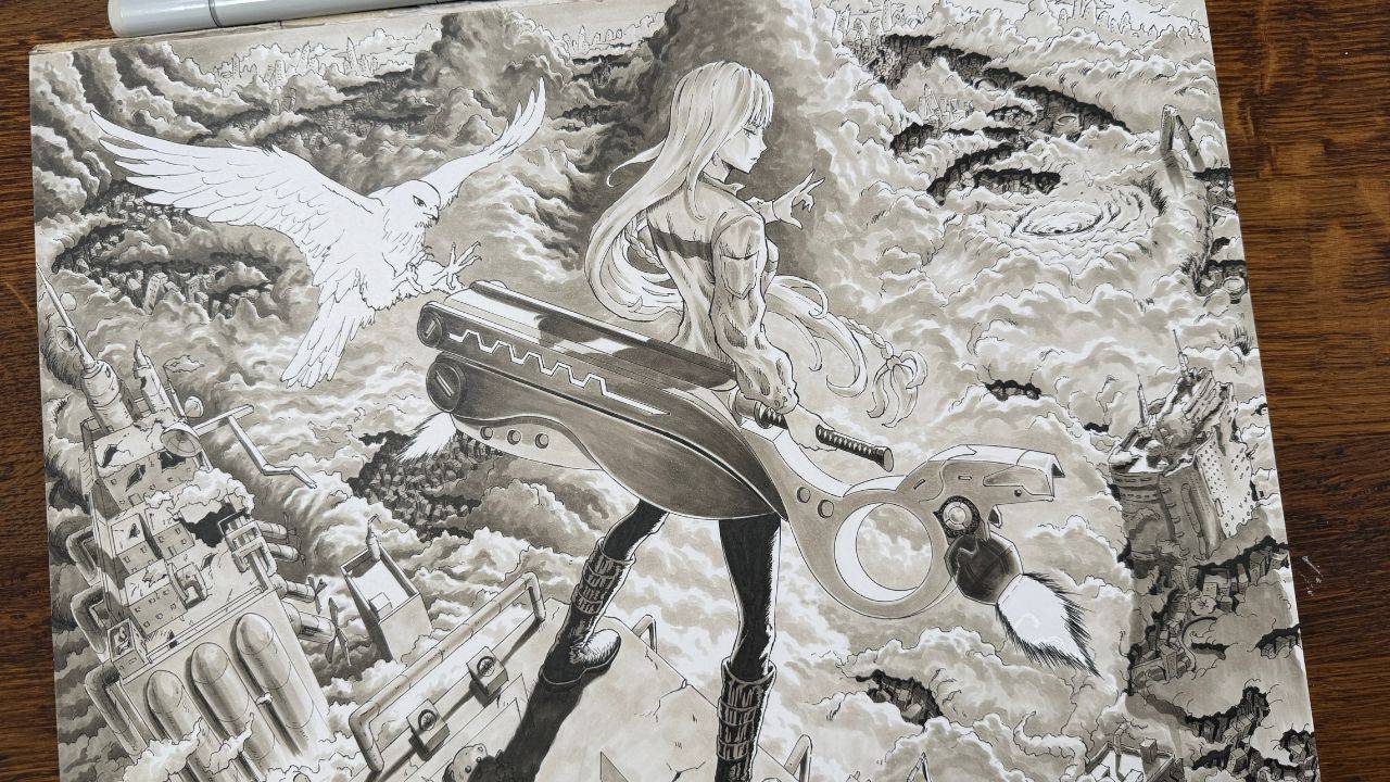Illustration en niveaux de gris : un personnage aux longs cheveux tient une lame immense au milieu des nuages, un aigle blanc en vol et des cités en ruine en contrebas.
