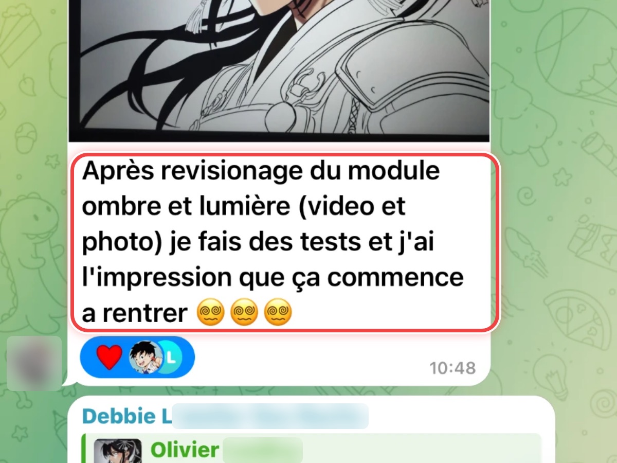 Message d’Olivier, membre du Dōjō, avec son dessin : « après revisionage du module ombre et lumière, j’ai l’impression que ça commence à rentrer »